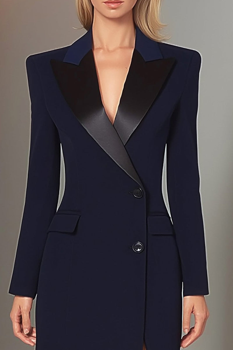 Load image into Gallery viewer, Navy Single Breasted Sheath Peak Lapel Long Blazer Dress with Slit