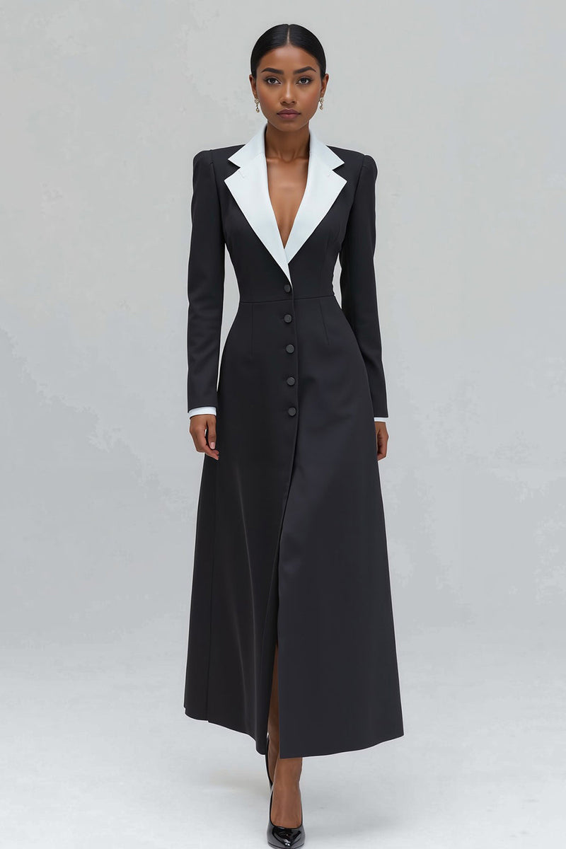 Load image into Gallery viewer, Black Notched Lapel Single Breasted Long Blazer Dress with Slit