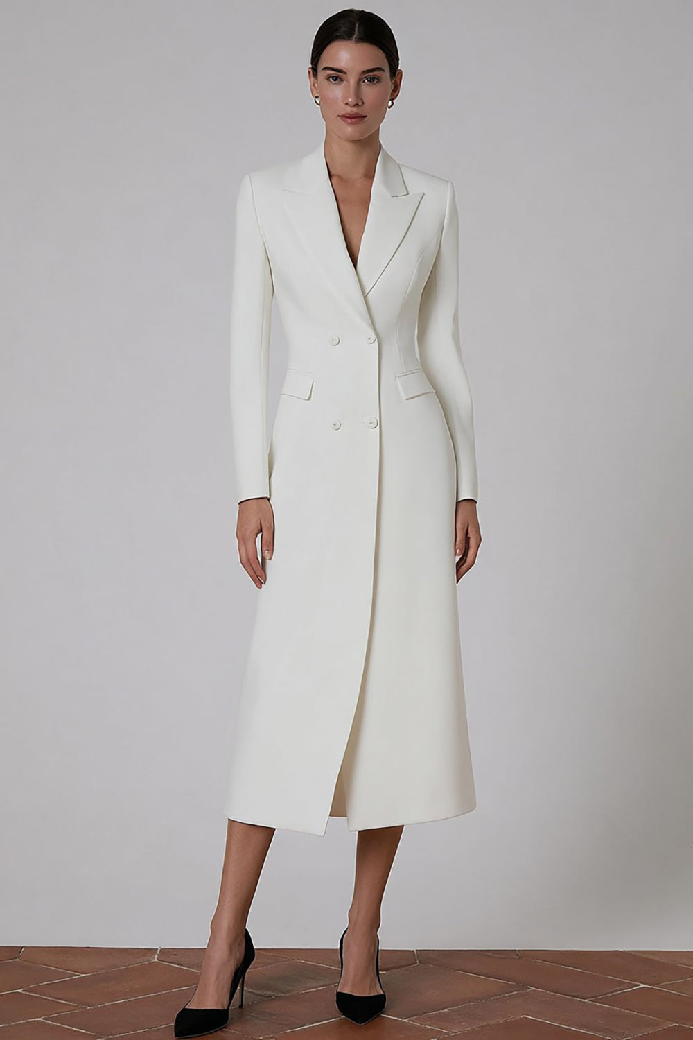 Ivory Peak Lapel Double Breasted Midi Blazer Dress