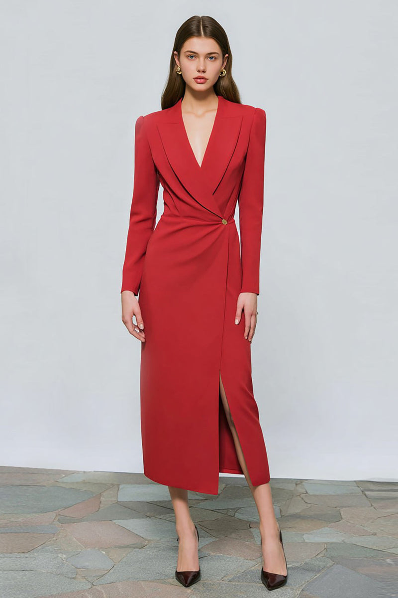 Load image into Gallery viewer, Red Peak Lapel One Button Ruched Midi Blazer Dress with Slit