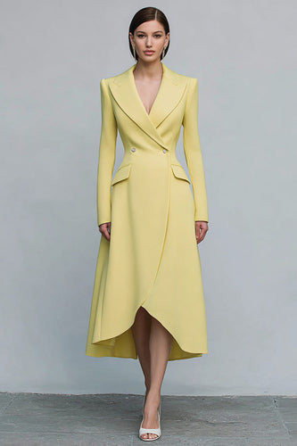 Yellow Peak Lapel Double Breasted Midi Blazer Dress with Sleeves