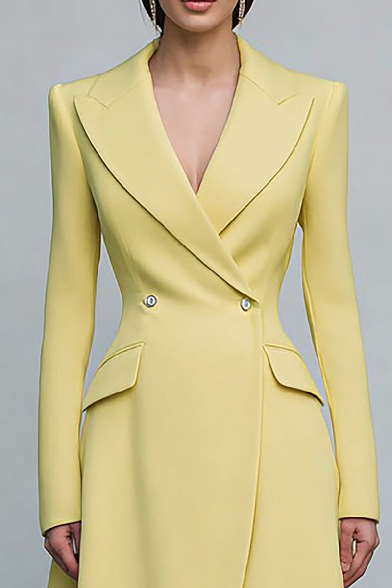 Load image into Gallery viewer, Yellow Peak Lapel Double Breasted Midi Blazer Dress with Sleeves