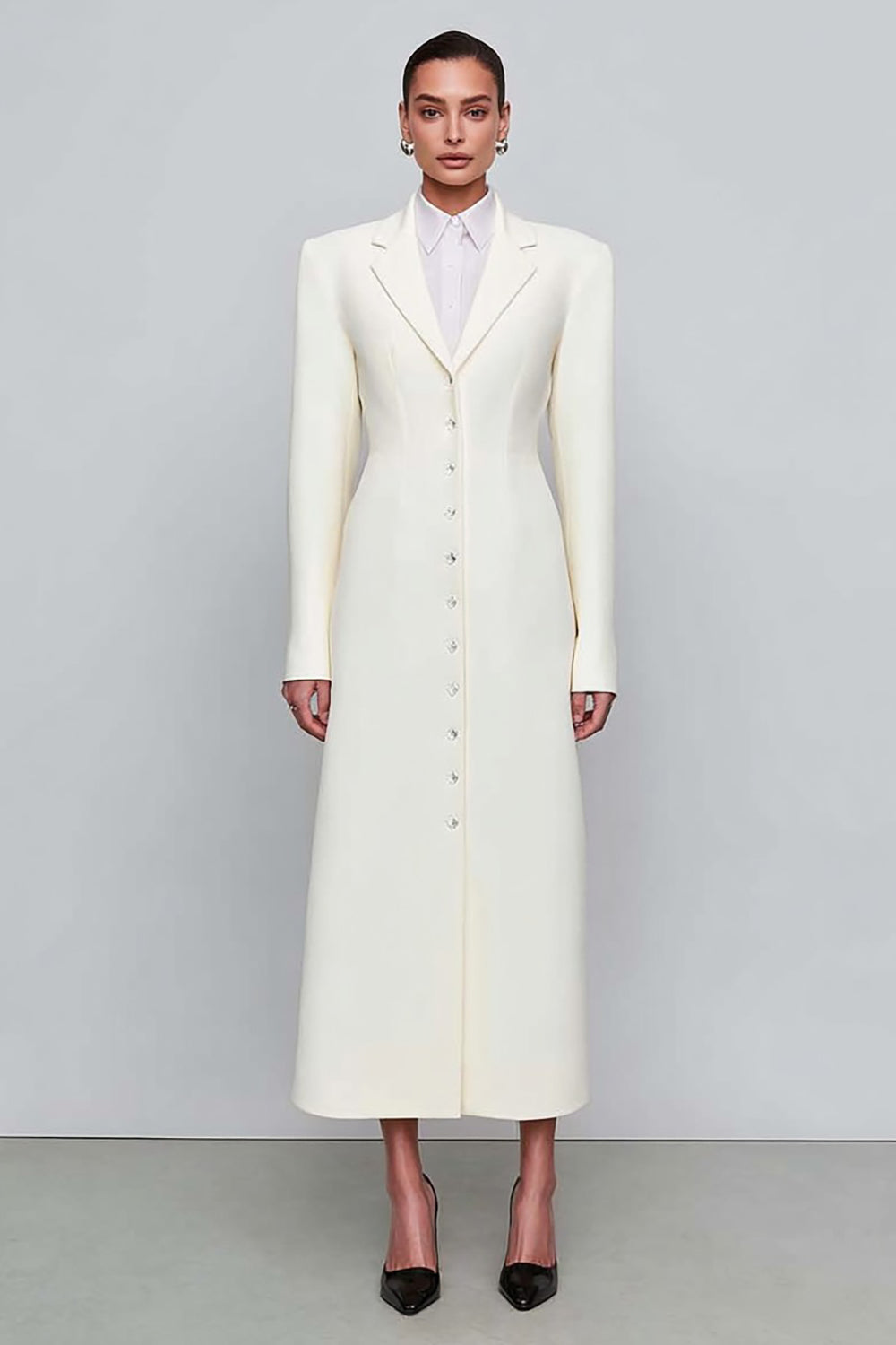 Ivory Single Breasted Notched Lapel Long Sleeves Blazer Dress