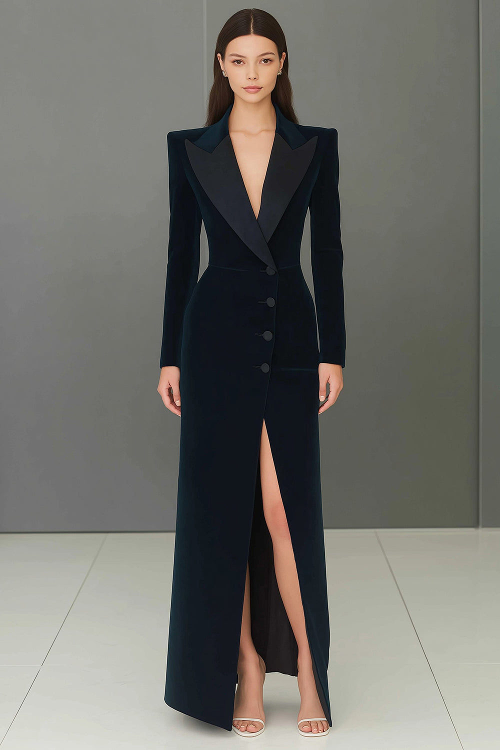 Navy Peak Lapel Velvet Single Breasted Long Blazer Dress with Slit