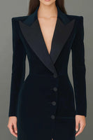 Load image into Gallery viewer, Navy Peak Lapel Velvet Single Breasted Long Blazer Dress with Slit
