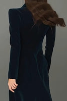Load image into Gallery viewer, Navy Peak Lapel Velvet Single Breasted Long Blazer Dress with Slit
