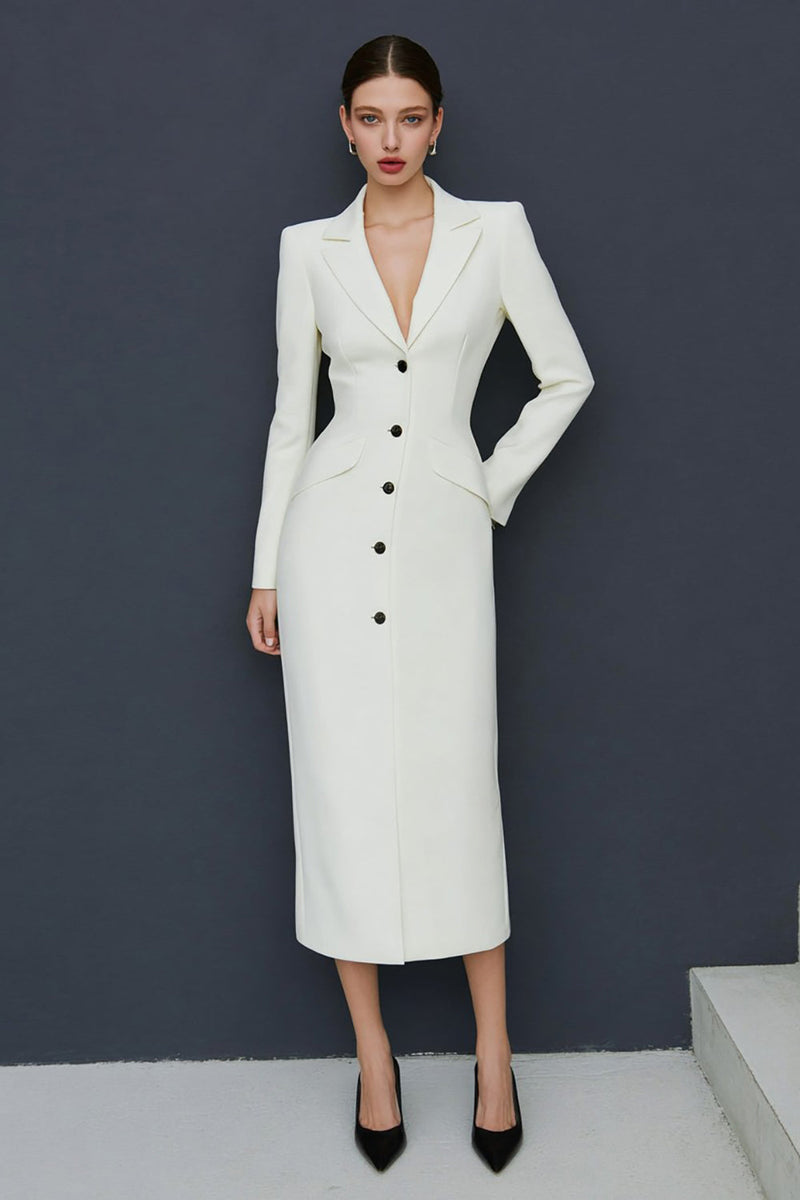 Load image into Gallery viewer, Ivory Notched Lapel Single Breasted Midi Blazer Dress
