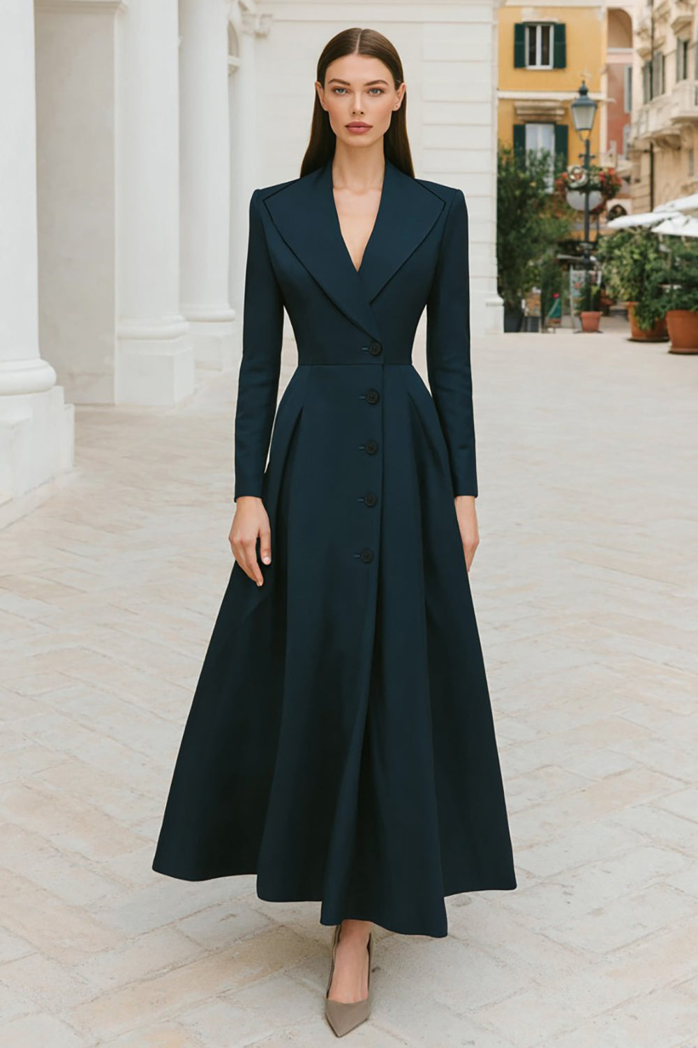 Navy A-Line Single Breasted Long Blazer Dress with Sleeves