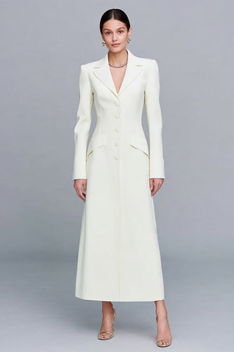 Ivory Notched Lapel Single Breasted Long Blazer Dress with Sleeves