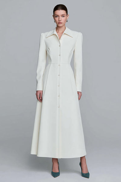 Ivory A-Line Single Breasted Long Blazer Dress with Sleeves