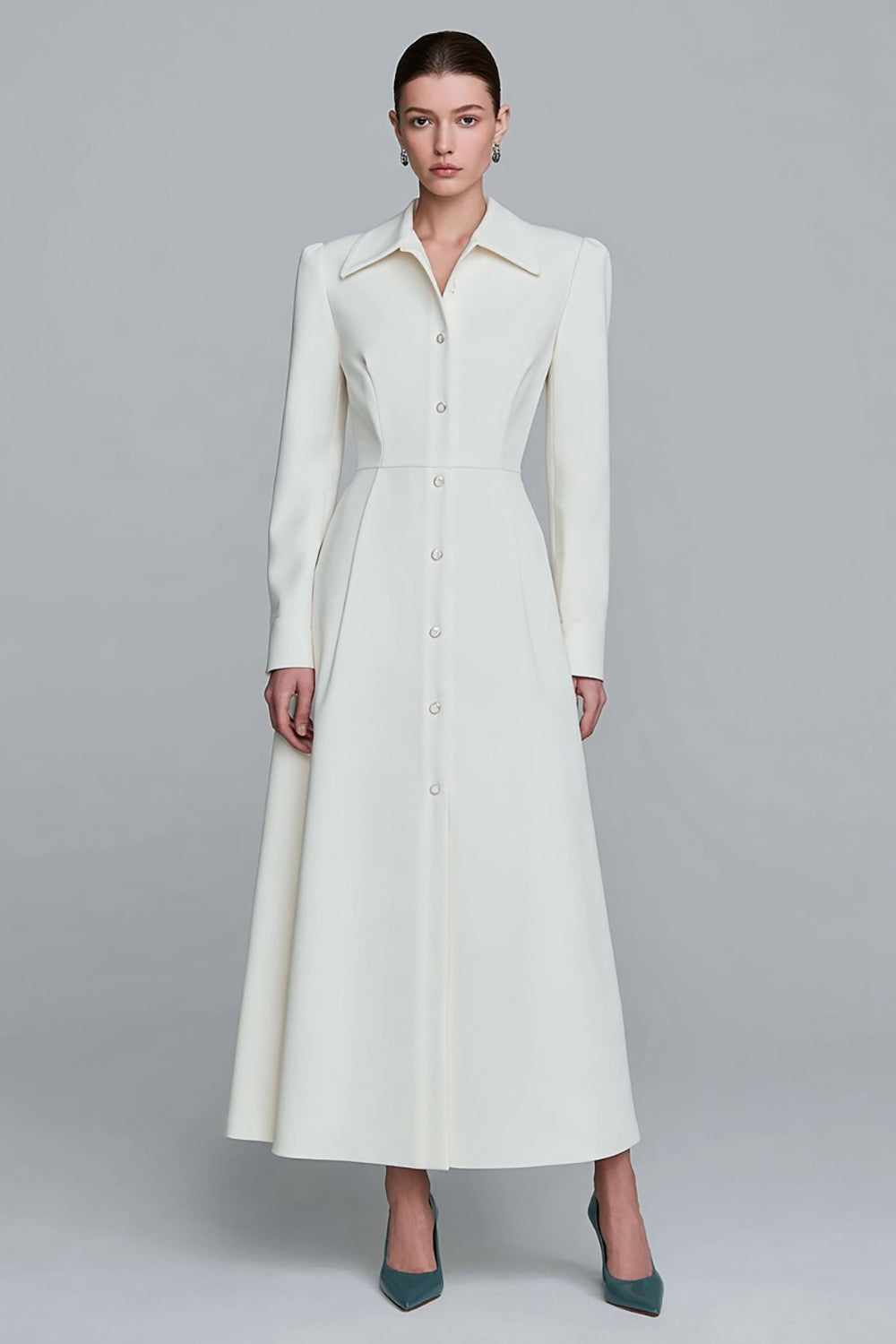 Ivory A-Line Single Breasted Long Blazer Dress with Sleeves