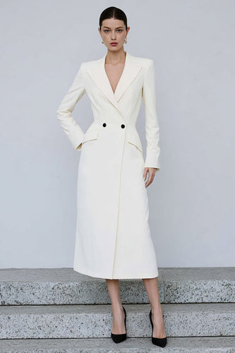 Ivory Peak Lapel Double Breasted Midi Blazer Dress with Sleeves