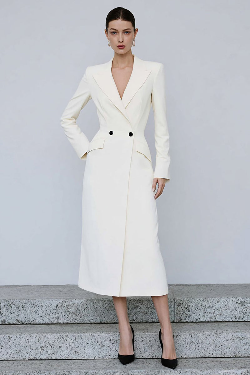 Load image into Gallery viewer, Ivory Peak Lapel Double Breasted Midi Blazer Dress with Sleeves