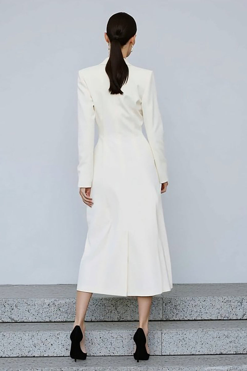 Load image into Gallery viewer, Ivory Peak Lapel Double Breasted Midi Blazer Dress with Sleeves