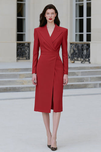 Red Peak Lapel Bodycon Midi Blazer Dress with Slit