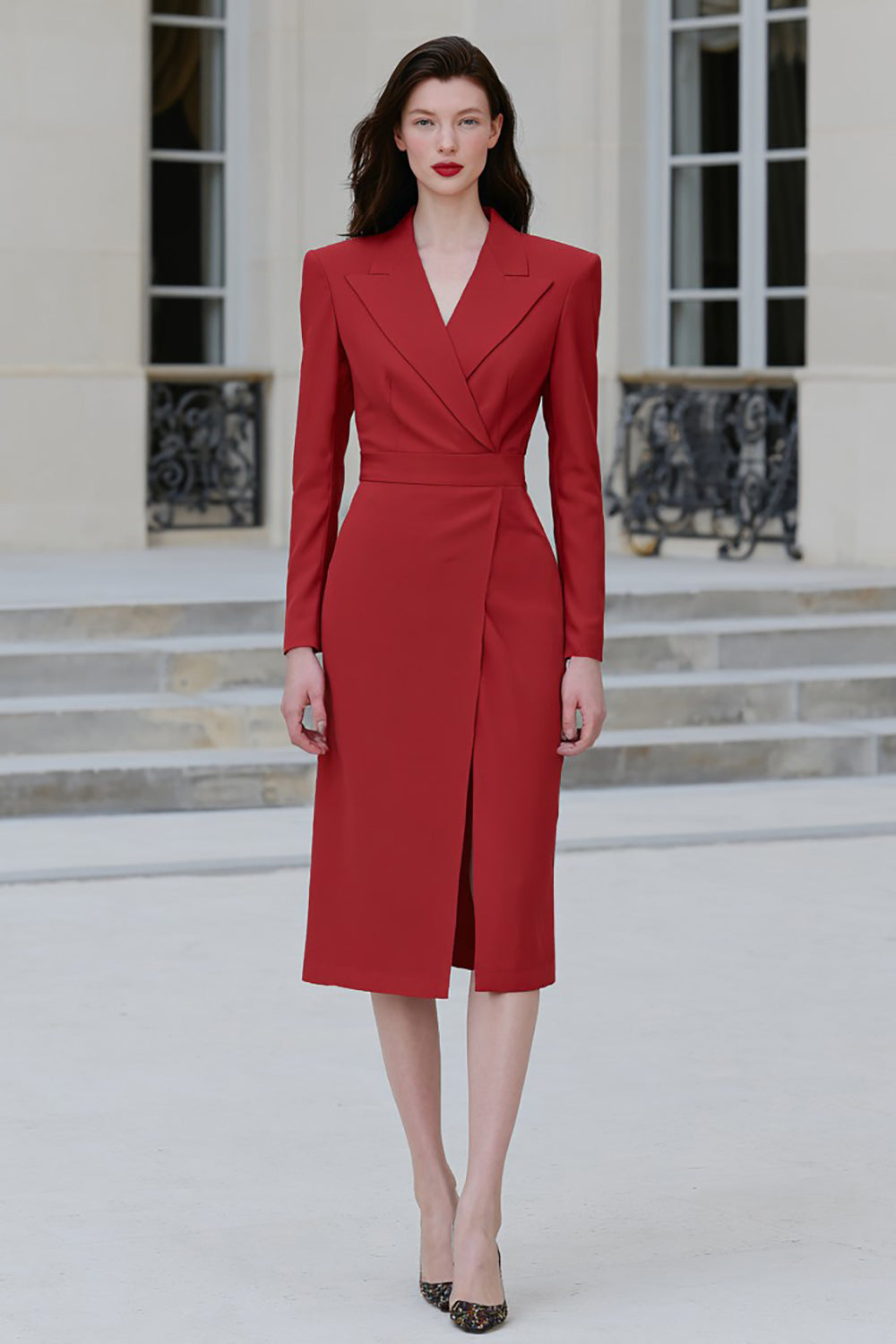 Red Peak Lapel Bodycon Midi Blazer Dress with Slit