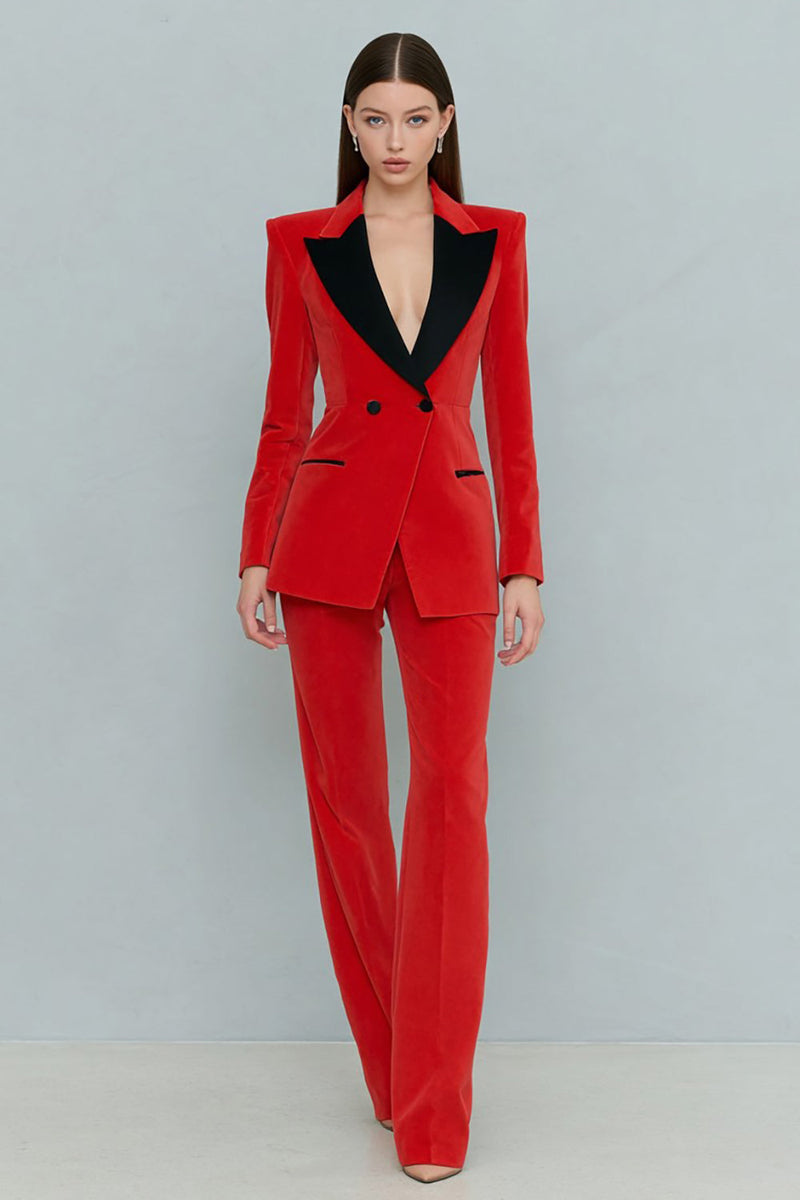 Load image into Gallery viewer, 2 Piece Red Peak Lapel Velvet Double Breasted Prom Suits with Sleeves