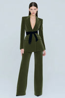 Load image into Gallery viewer, 2 Piece Olive Velvet Peak Lapel Prom Suits with Belt