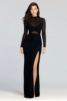 Load image into Gallery viewer, Illusion High Neck Sheath Long Sleeves Black Tie Dress with Slit