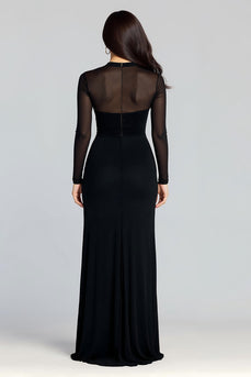 Illusion High Neck Sheath Long Sleeves Black Tie Dress with Slit