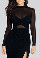 Load image into Gallery viewer, Illusion High Neck Sheath Long Sleeves Black Tie Dress with Slit
