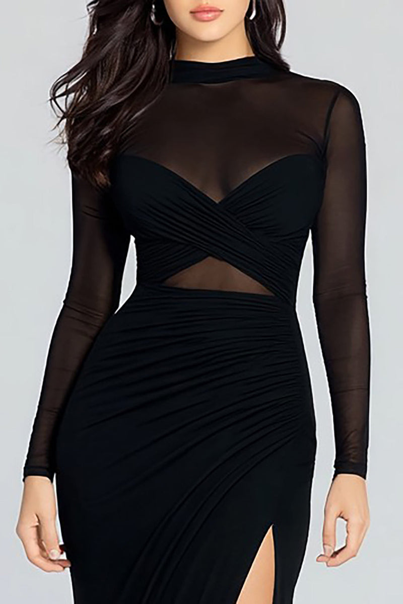 Load image into Gallery viewer, Illusion High Neck Sheath Long Sleeves Black Tie Dress with Slit