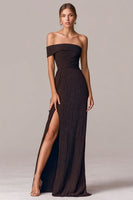 Load image into Gallery viewer, Coffee Asymmetrical Neck Sheath Long Formal Dress with Slit
