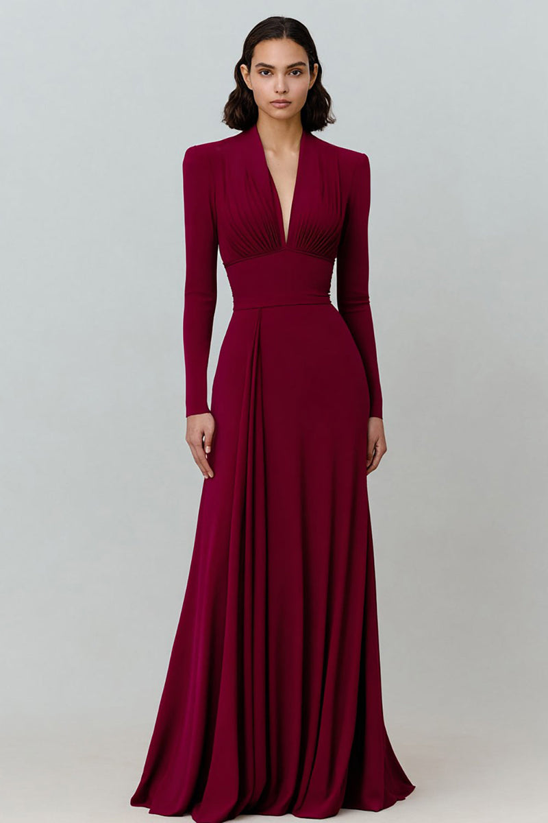 Load image into Gallery viewer, Burgundy V-Neck Long Sleeves Pleated Formal Dress