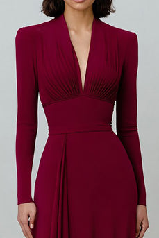 Burgundy V-Neck Long Sleeves Pleated Formal Dress