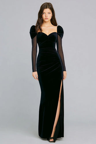 Black Velvet Long Sleeves Mermaid Holiday Party Dress with Slit