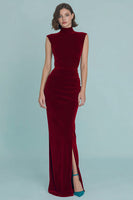 Load image into Gallery viewer, Burgundy Ruched High Neck Velvet Long Holiday Party Dress with Slit