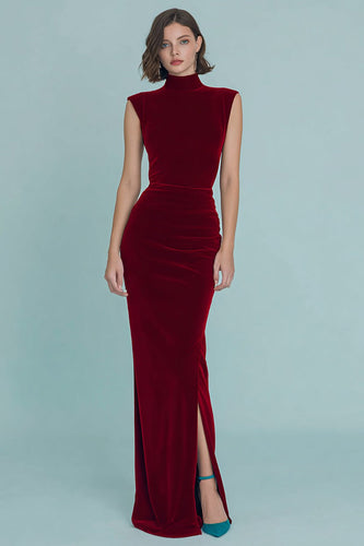 Burgundy Ruched High Neck Velvet Long Holiday Party Dress with Slit