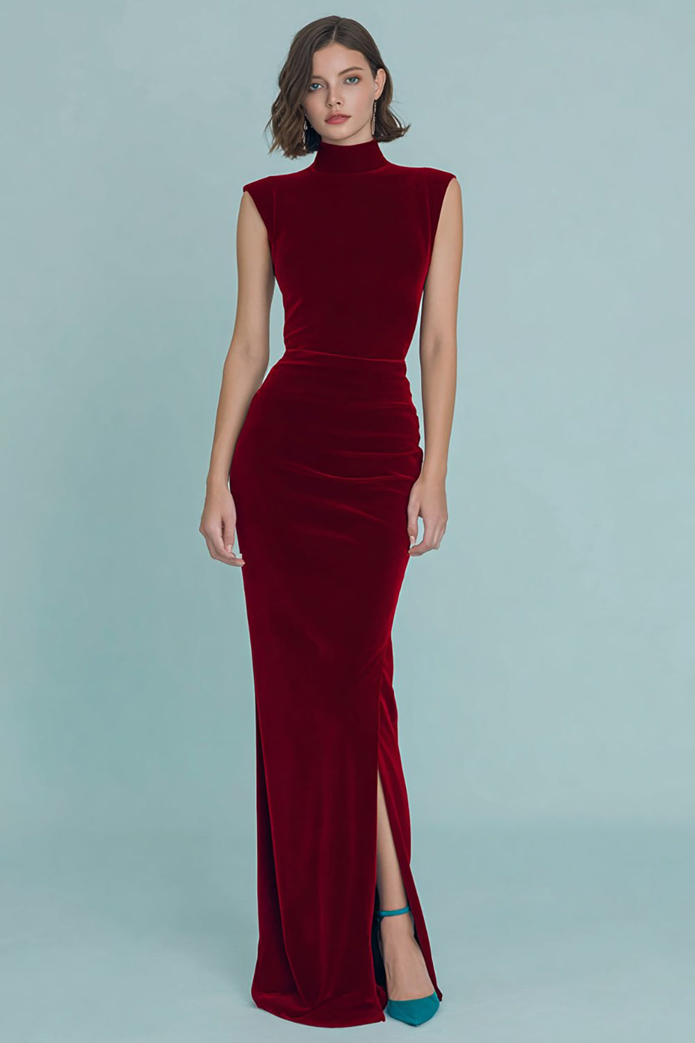 Burgundy Ruched High Neck Velvet Long Holiday Party Dress with Slit