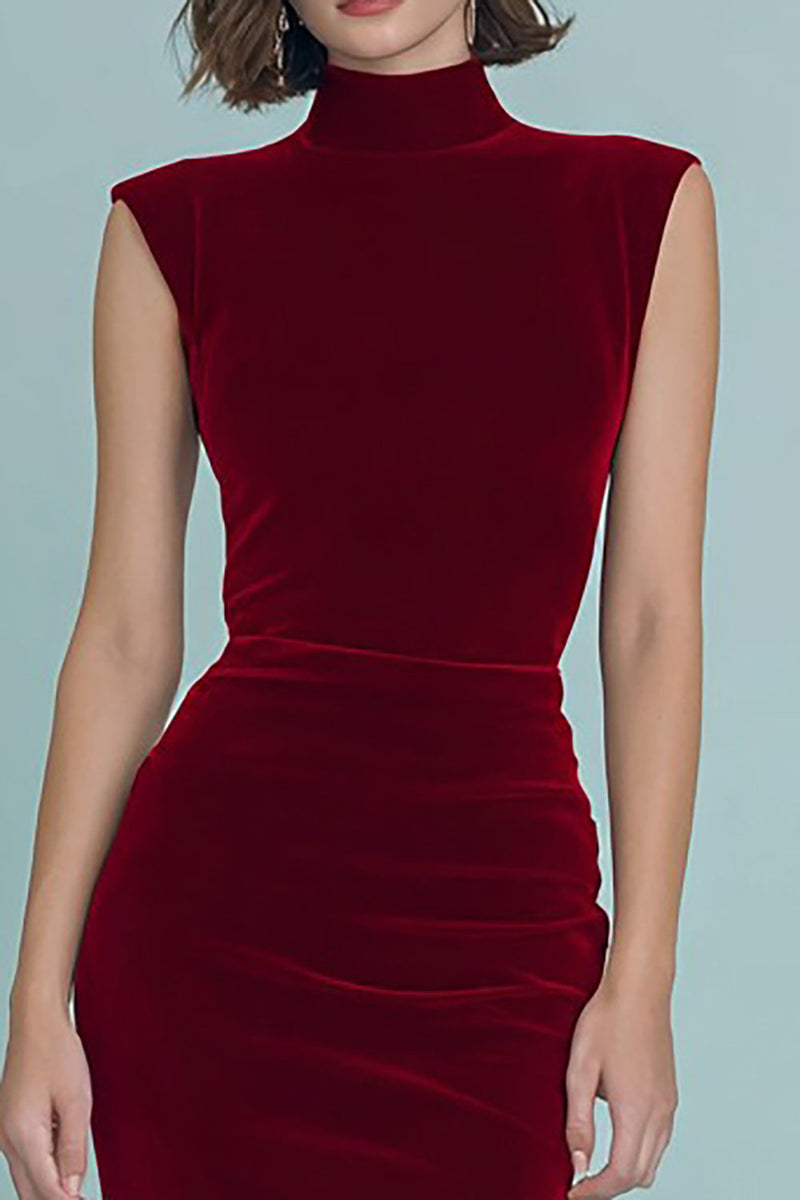 Load image into Gallery viewer, Burgundy Ruched High Neck Velvet Long Holiday Party Dress with Slit