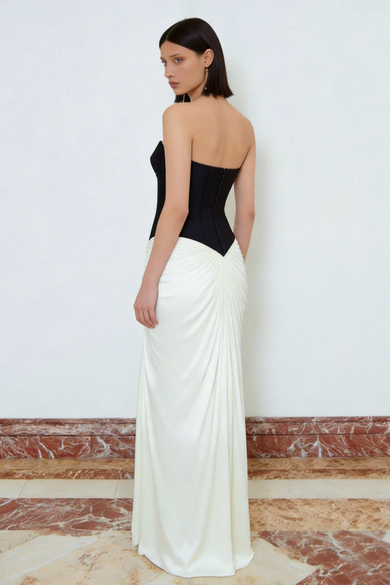 Load image into Gallery viewer, Black and White Ruched Sweetheart Long Corset Formal Dress