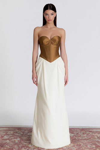 Brown and Ivory Sweetheart Patchwork Long Corset Formal Dress