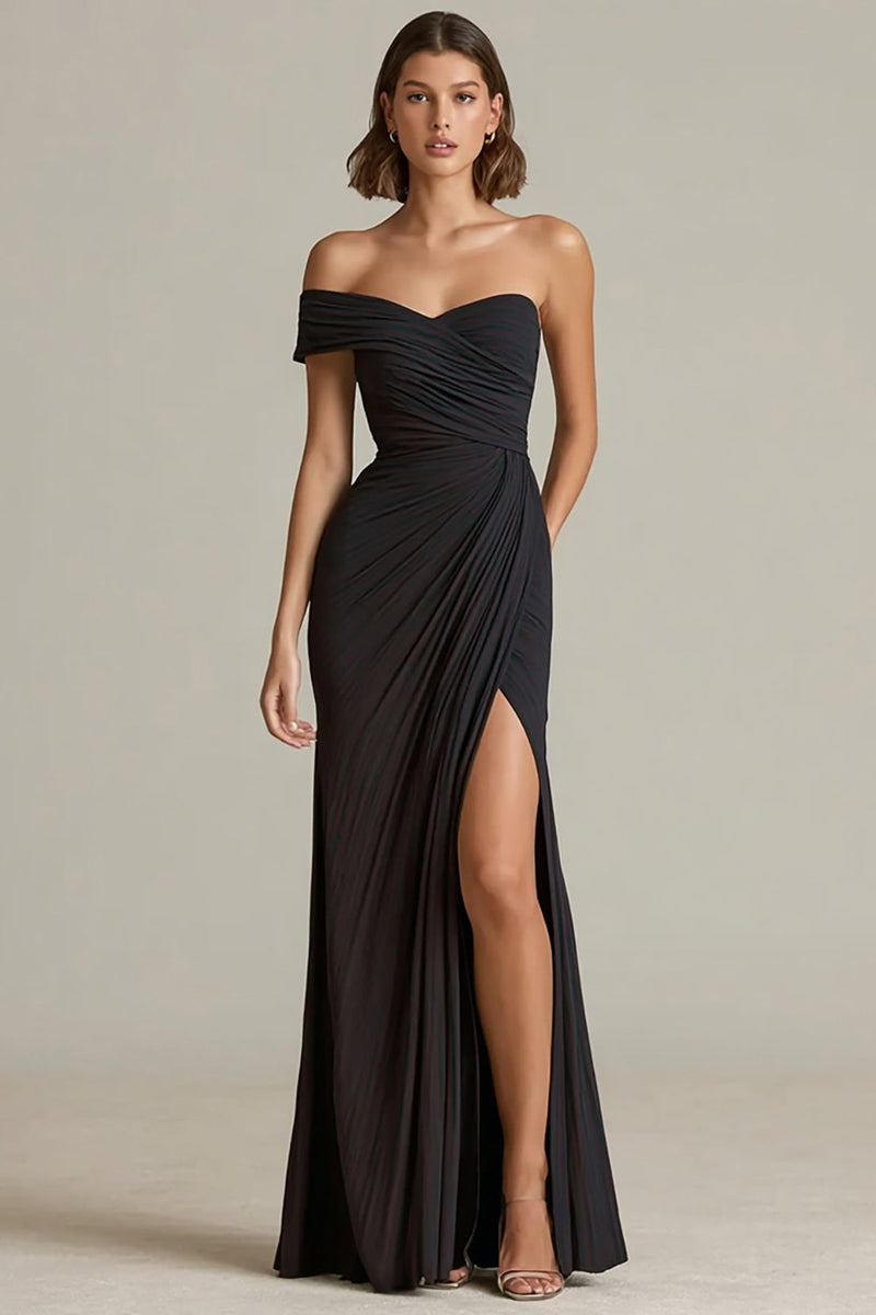 Load image into Gallery viewer, Black Asymmetrical Neck Ruched Sheath Long Formal Dress with Slit