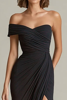 Black Asymmetrical Neck Ruched Sheath Long Formal Dress with Slit