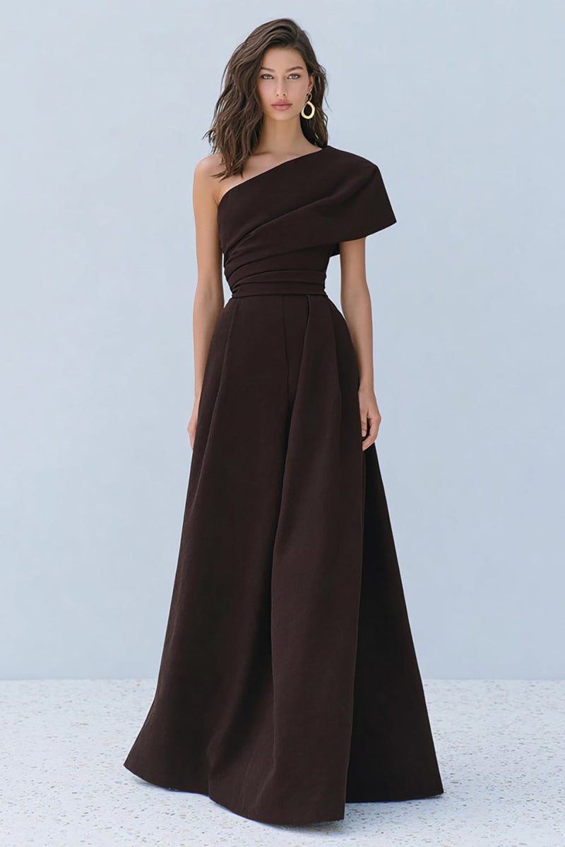 Load image into Gallery viewer, One Shoulder Coffee A-Line Long Formal Dress