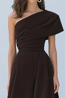 One Shoulder Coffee A-Line Long Formal Dress