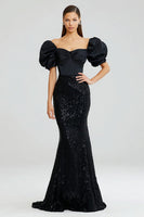Load image into Gallery viewer, Sparkly Black Puff Sleeves Long Mermaid Formal Dress with Sequins