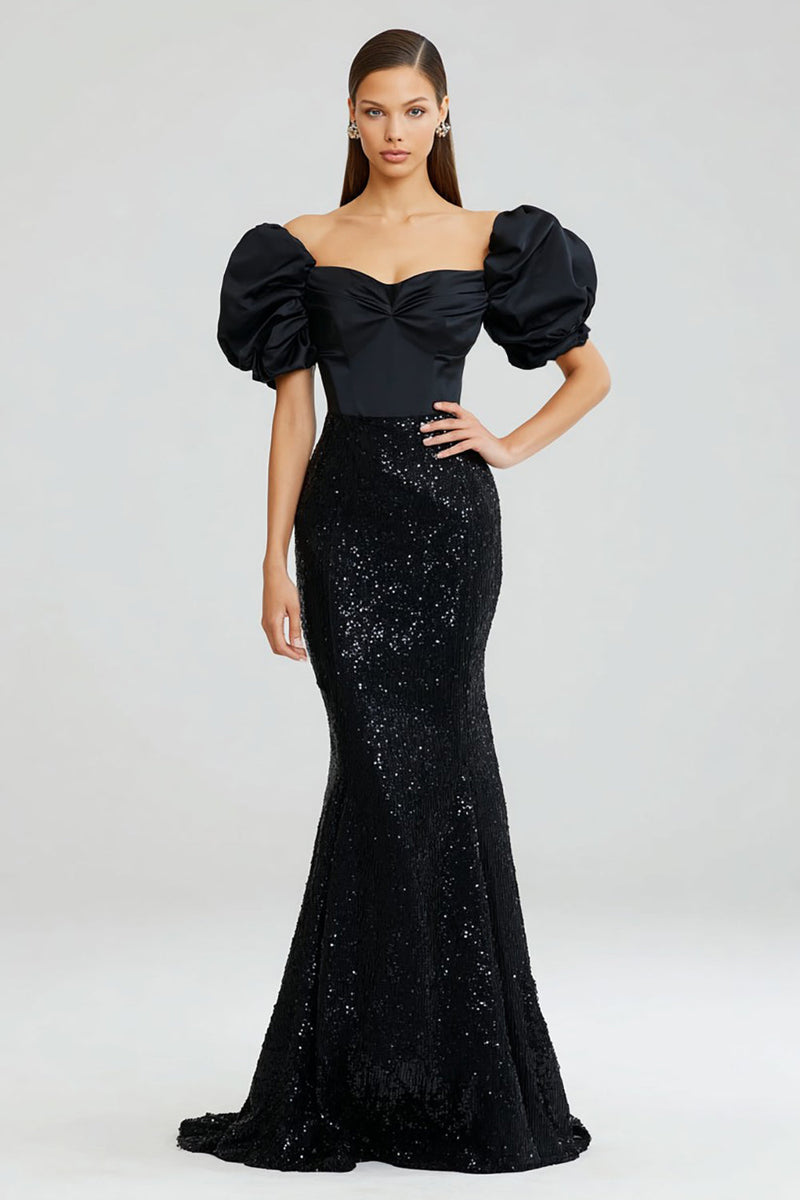 Load image into Gallery viewer, Sparkly Black Puff Sleeves Long Mermaid Formal Dress with Sequins