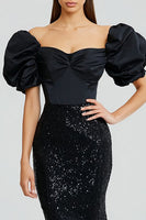 Load image into Gallery viewer, Sparkly Black Puff Sleeves Long Mermaid Formal Dress with Sequins