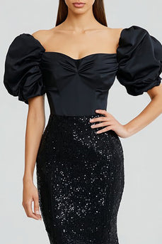 Sparkly Black Puff Sleeves Long Mermaid Formal Dress with Sequins