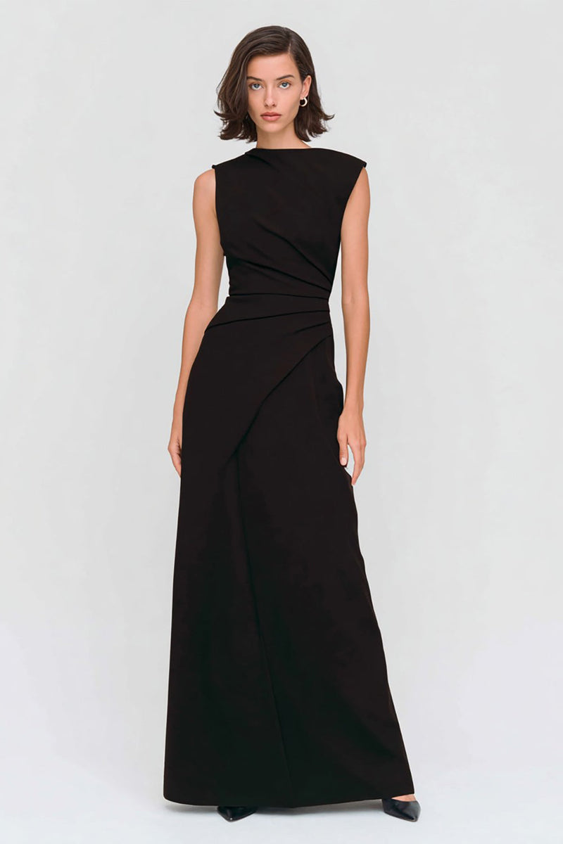 Load image into Gallery viewer, Black Bateau Neck Ruched Sheath Long Formal Dress