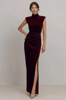 Load image into Gallery viewer, Burgundy Ruched High Neck Velvet Long Formal Dress with Slit