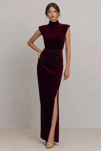 Burgundy Ruched High Neck Velvet Long Formal Dress with Slit