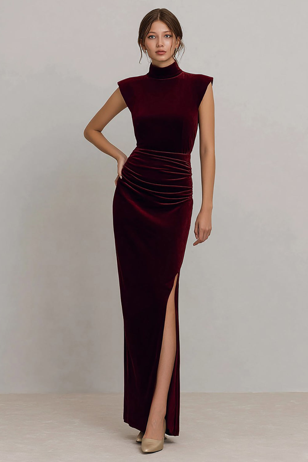 Burgundy Ruched High Neck Velvet Long Formal Dress with Slit