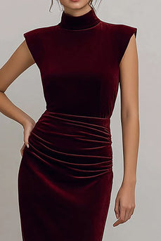 Burgundy Ruched High Neck Velvet Long Formal Dress with Slit