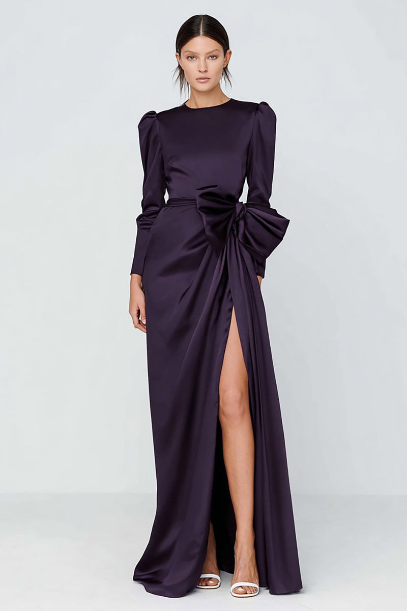 Load image into Gallery viewer, Dark Purple Long Sleeves Crew Neck Formal Dress with Bow